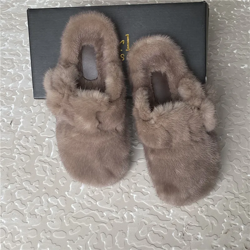 

Luxury Ladies New Autumn And Winter Shoes Real Mink Fur Casual Shoes Flat Home Furry Muller Shoes Soft And Comfortable