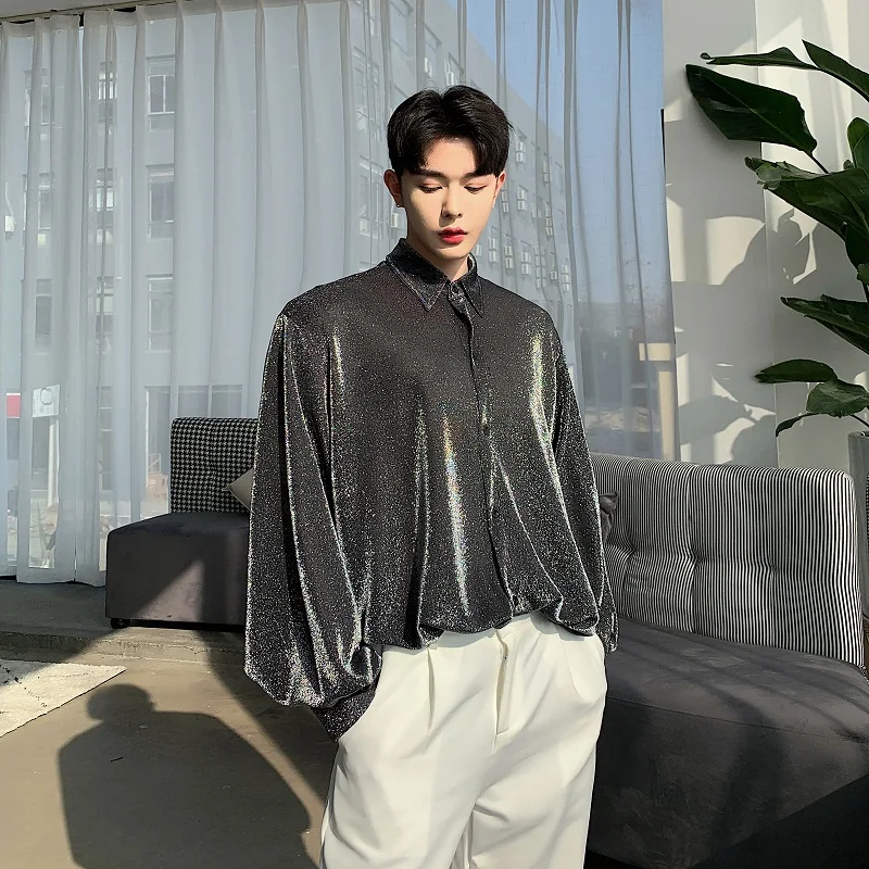 Мужская Серебряная тканевая Повседневная Свободная рубашка с длинным рукавом