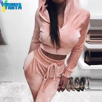 women two piece set crop top and pants matching jogging femme long sleeve sets sexy fall outfits fashion velvet tracksuit suit