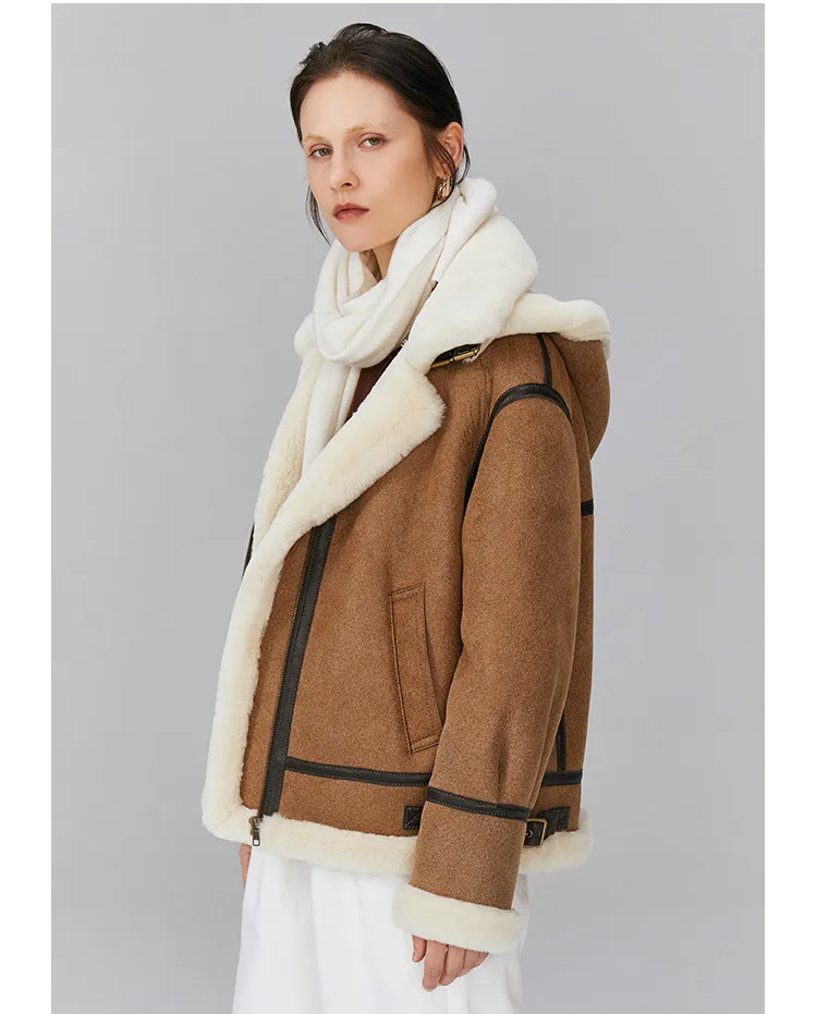 Высококачественное Женское пальто из овечьей шерсти кожаная куртка с капюшоном