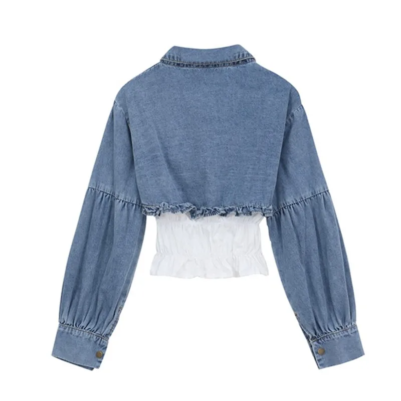 

New Short Demin Patchwork women's Blouse Pullover Shirt 2021 Spring Autumn Long Sleeve Turn-down Casual New female Clothing top