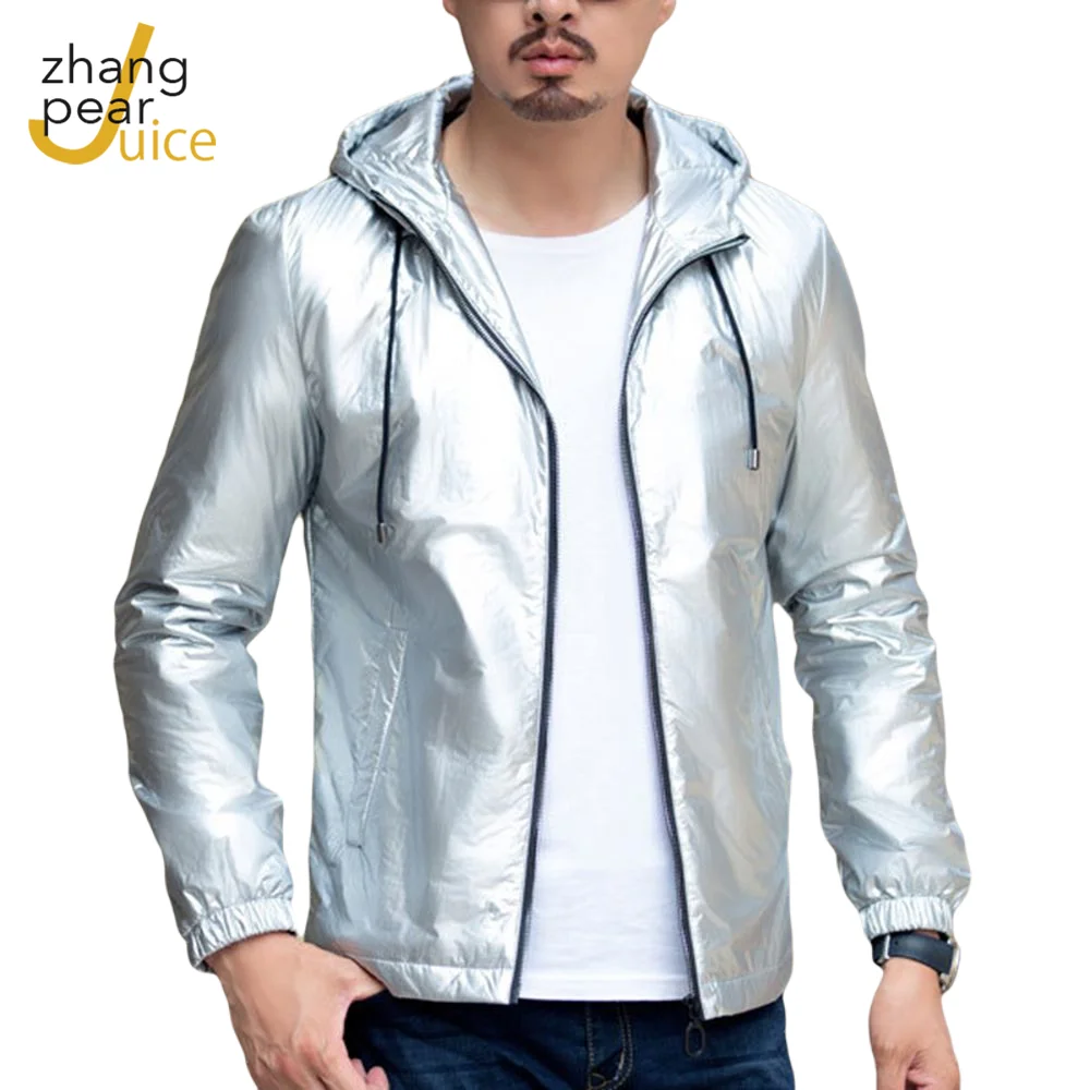 

Mens Jackets And Coats Fashion Windbreaker Men Gold Silver Hooded Jacket Streetwear Men PU Hip Hop Coat