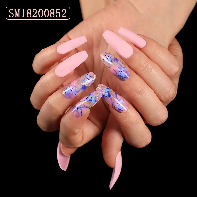 

24Pcs Long Ballerina Fake Nails Pink Butterfly Natural Coffin Press on False Nail Art Tips Full Cover DIY Nail Decor Manicure