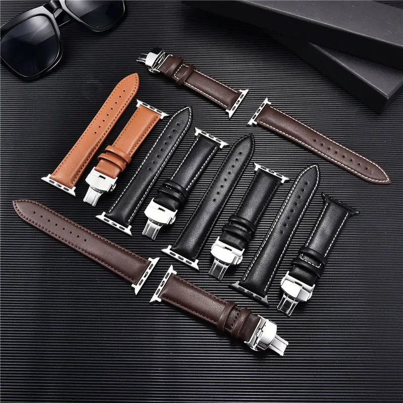 Leather Watchbands for Apple Watch 8 7 6 5 4 3 SE Butterfly Clasp Replace Wrist Strap 38mm 40mm 41mm 42mm 44mm 45mm iwatch Band