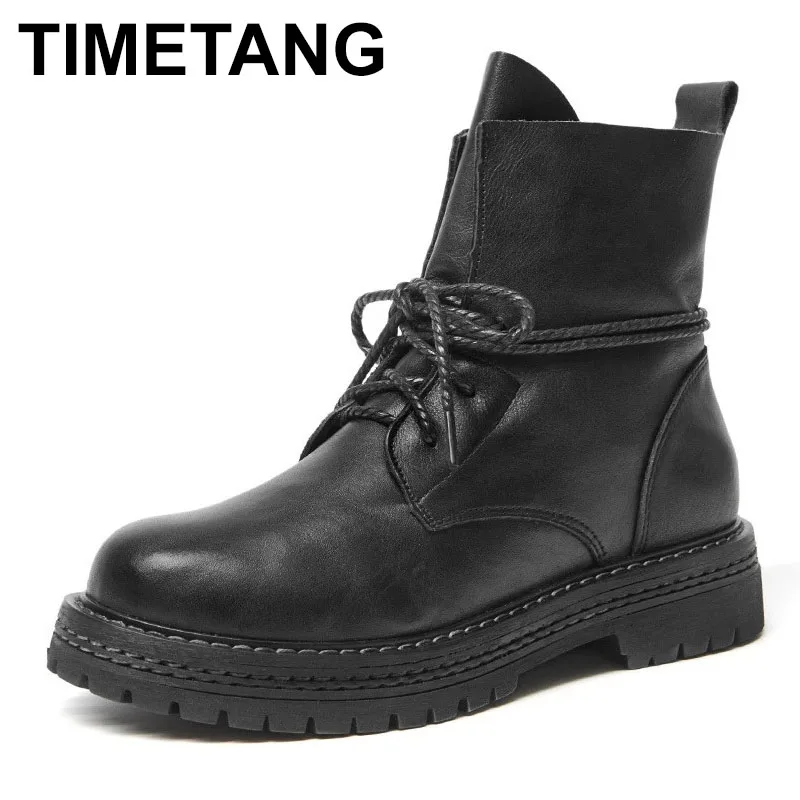 

TIMETANG Autumn Winter Warm Mid Calf Boots Women Genuine Cow Leather Flats Heel Shoes Round Toe Lace-up Motorcycle Boots Black