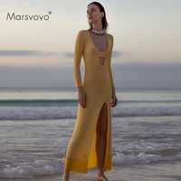 sexy long dress 2021 autumn spring new fashion maxi dresses hollow deep v neck woman robe office lady side split vestidos solid