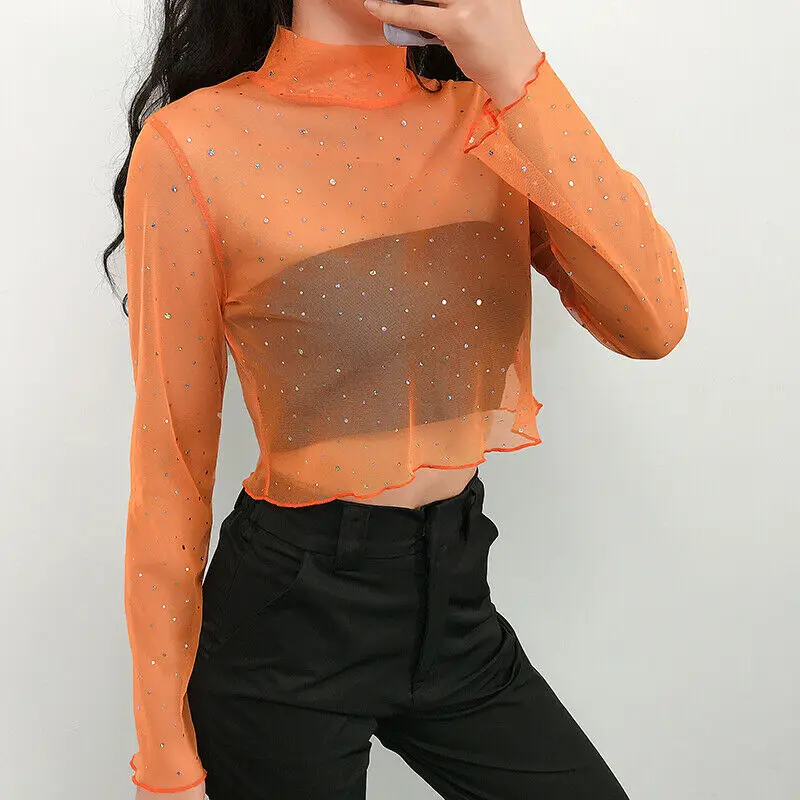 Для женщин сетчатые кроп топы пуловер с длинными рукавами и принтом бриллиантов