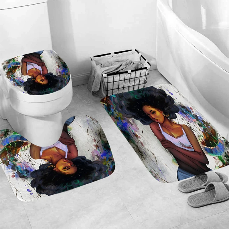 4 Pcs African American Girls Shower Curtain Set Bathroom Durable Waterproof Non-slip Rugs Toilet Lid Cover Bath Mat Home Decor | Дом и сад