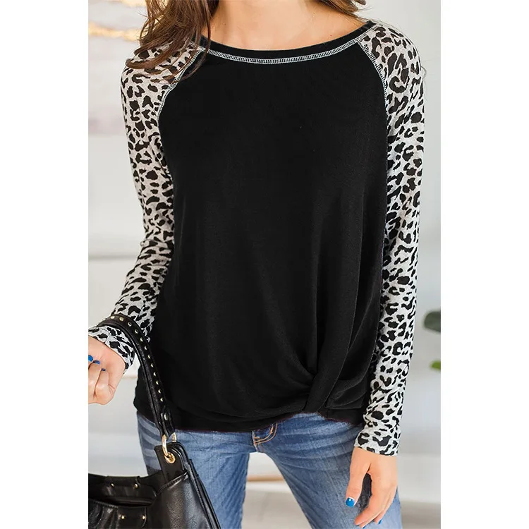 

Fall 2020 Women's Long Sleeve Round Neck Leopard Print T-Shirt Hem Knotted Top Black