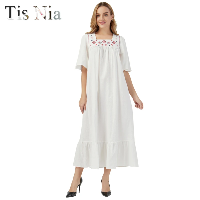 

2022 New Ladies Elegant Embroidery Cotton Dress White Female Stitching Dress Floral Hollow Loose Casual Party Lotus Leaf XL