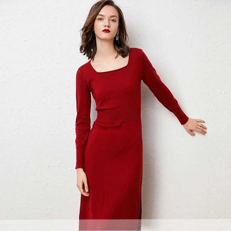 2019 Осень Зима Женское Новое вязаное кашемировое платье сексуальное облегающее с