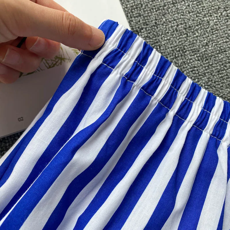 

KUSAHIKI Blue White Stripe Woman Shorts Summer 2021 New Bow Bandage High Waist Bottoms Causal Wide Leg Short Feminimo 6G910