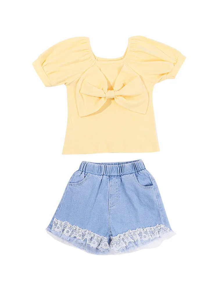 

Summer Girls' Clothing Sets Big Bow Puff Sleeve Top+pearl Lace Denim Shorts 3-8 Years Baby Kids Clothes Suit Children Clothing