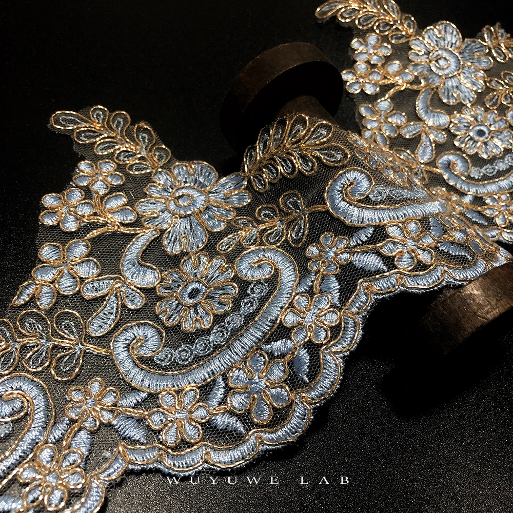 Изящный 1 ярд Золотой синий цвет вышивка аппликация с кружевной отделкой цветок