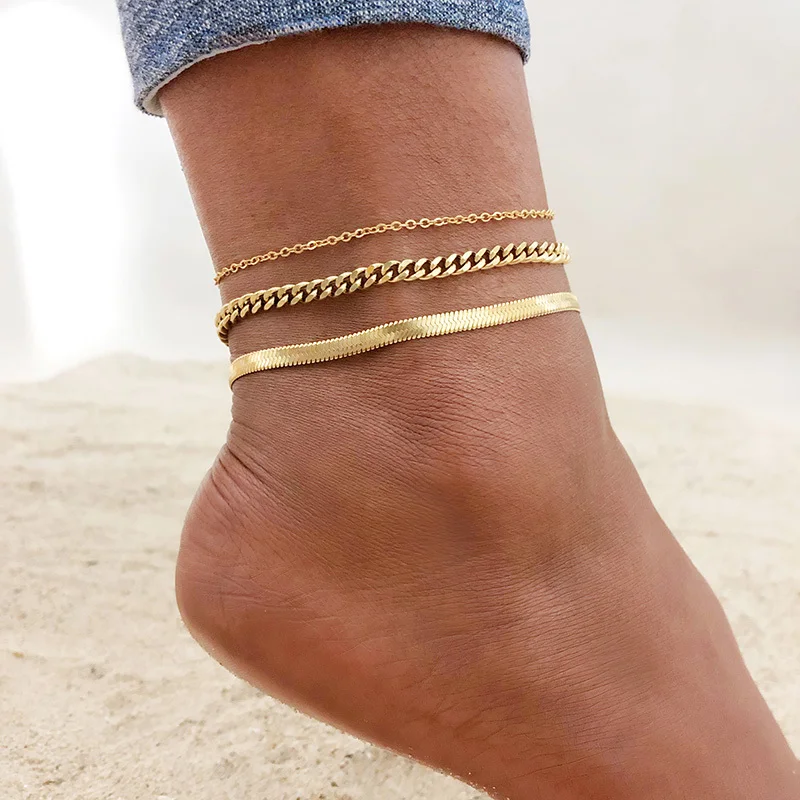 Women‘s Gold Color Stainless Steel Chain Anklets 1/2/3pcs/set Beach Barefoot Foot Jewelry Leg Ankle Lady Holiday Gifts |