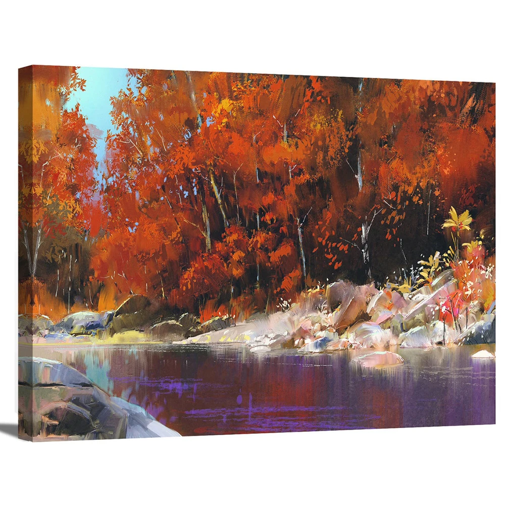 

Home Decoration Wall Art Red Forest and River Poster HD Printed Autumn Nature Landscape Canvas Painting Bedroom Pictures Frame