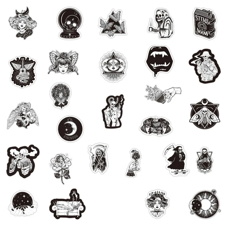 Pegatinas de grafiti estilo g&oacute;tico para chica y calavera, color blanco y negro, para port&aacute;til, equipaje de tel&eacute;fono para motocicleta, monopat&iacute;n, 10/30/50 Uds.-4