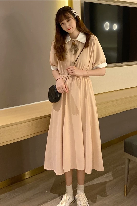 

2021 summer French retro waist mid-length dress Sen-line platycodon skirt women