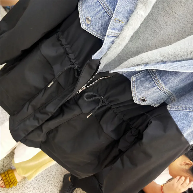 Зимняя джинсовая куртка для женщин мягкая меховая подкладка джинсы Черная с