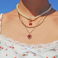 egirl aesthetic 3pcs crystal peach heart cherry pendant necklace for women 2000s jewelry pearl necklace y2k fashion accessories