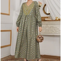 wepbel arab dubai caftan embroidered dress v neck long sleeve abaya women bronzing dotted prints stitching muslim robe dress