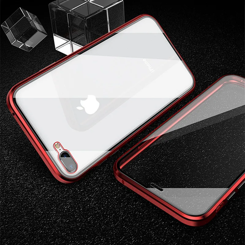 Red Магнитная Адсорбция металлический чехол для iPhone X 7 8 плюс Двусторонняя закаленное Стекло задний Чехол на магните для iPhone 6 6s X XS Max чехол - Цвет: Red