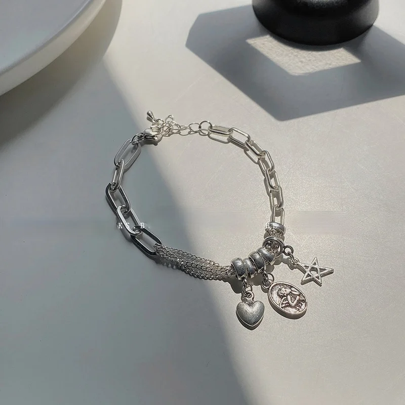 

VSnow Fashion Love Heart Star Oval Beaded Charm Bracelet for Women Chunky Chain Bracelets Jewelry Asymmetry Bracelet Jewelry Hot