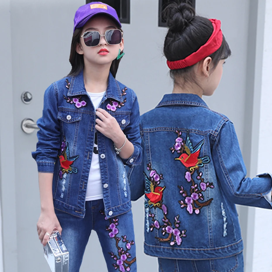 

Abesay Autumn Girls Clothing Embroidery Denim Jacket+Pants 2 Pcs Casual Girls Clothes Set Teen Winter Girls Clothes 4-12 Years