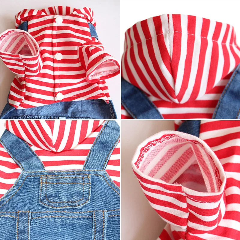 Модный джинсовый комбинезон для собаки в полоску с капюшоном щенка и кота куртка