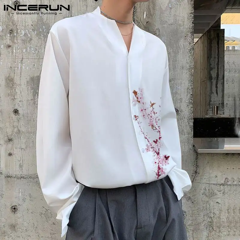 

Новая мужская модная уличная одежда для отдыха без воротника на пуговицах стильная Свободная рубашка с принтом рубашки с длинным рукавом Ж...