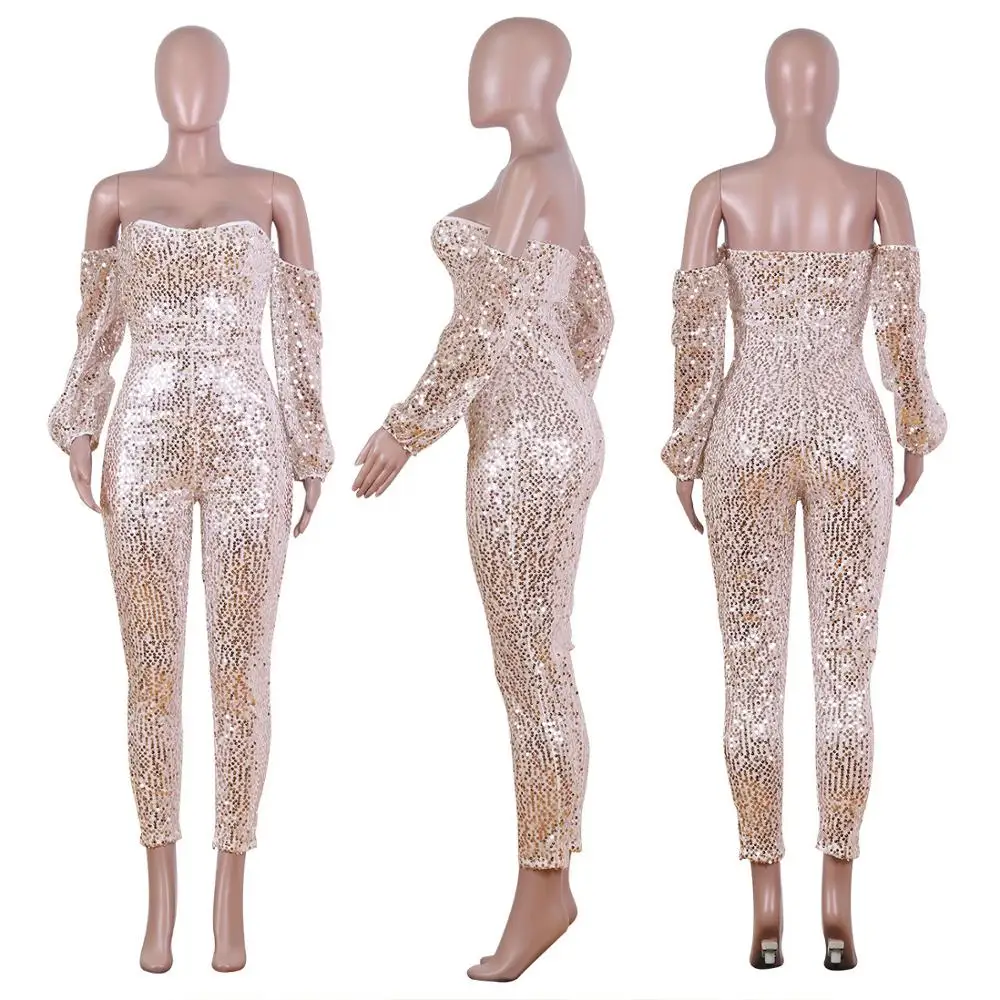 

Autumn Silver/Pink Sequined Strapless Long Lantern Sleeve Solid Color Jumpsuits Sexy Nightclub Party Bodycon Romper Playsuit 3XL