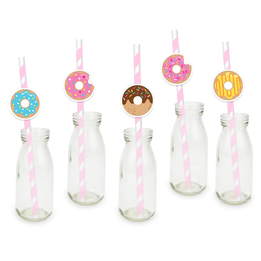 Donuts Theme Party Paper Straws Tea Time Colorful Donut Dessert Decorations Party Supplies Paper Drinking Straws Event Supplies