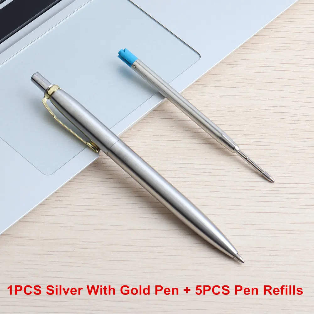 1Set Silver gold GENKKY металла Подарочная шариковая ручка ручки Core Solventborne автоматическая шариковая Ручки для школы Офис Написание 0,7 мм чернил цвет: черный, синий ручка шариковая - Цвет: 1Set Silver gold