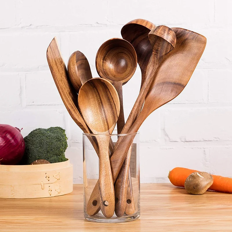 

Wooden Spatulas & Spoons Set, 7 PCS Natural Wood Long Handle Non-Stick Kitchen Utensil Set for Cooking,Mixing,Etc