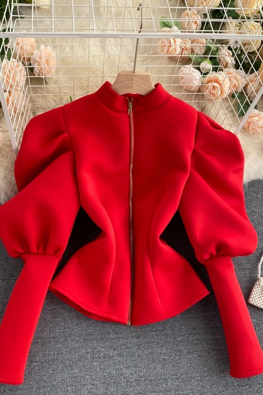 

2021 New Spring Women's Solid Color Stand Collar Puff Sleeve Top Ladies Fashionable Reversible Zipper Shirt Blouse