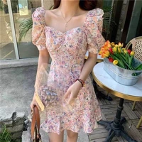 2021 summer new womens french square neck puff sleeve floral dress female summer waist tea break platycodon a line skirt