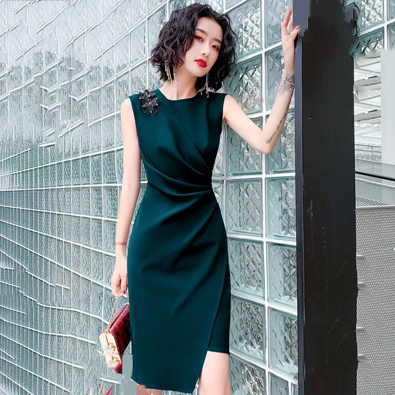 

Bling Rhinestone Cheongsam Sheath Dark Green Folds Qipao Mid-Length Sleeveless Sexy Formal Party Dress Gown Zipper Lady Vestidos