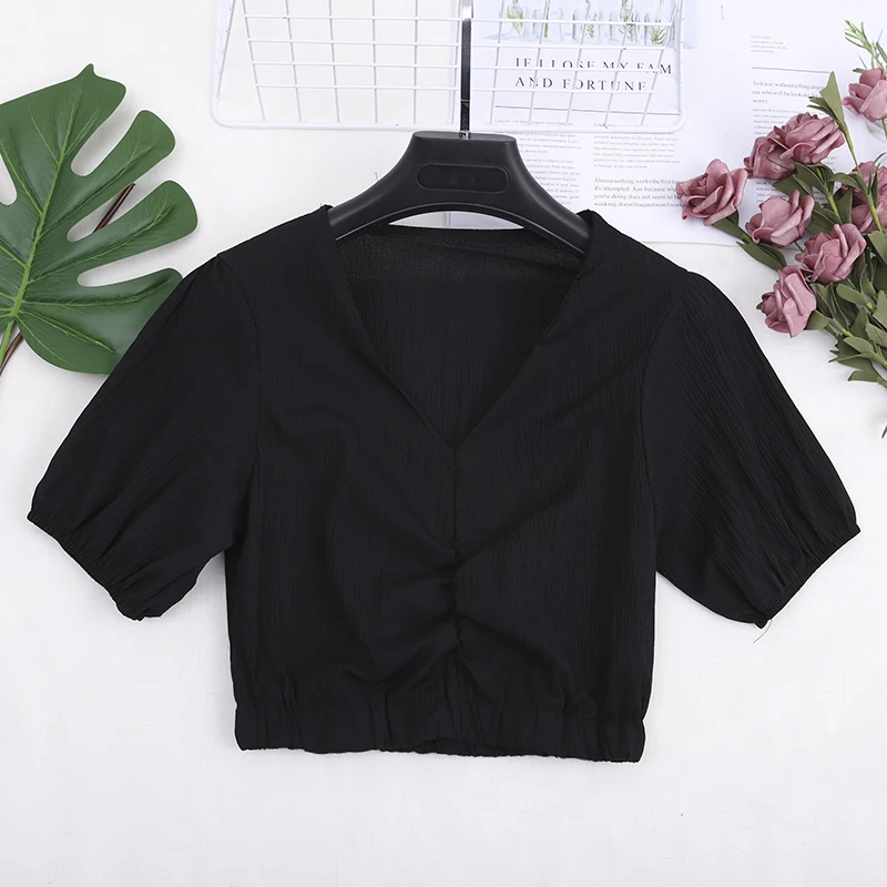 

HISUMA Summer Lantern Sleeve V-neck Women Basic Ruffles Shirt Lady Short Elastic Slim High Waist Pullover Party Chic Blouse Tops