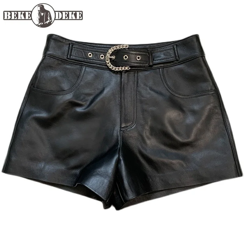 Punk Black Genuine Leather High Waist Shorts Women Belt Buckle Straight Wide Leg Casual Mini Trousers Female Sheepskin Shorts