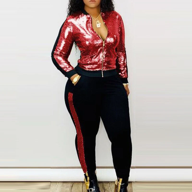 

Fashion Sequin Tracksuit Women 2 Piece Sets Casual Long Sleeve Zipper Tops And Pants Sports Suits Side Striped Autumn Streetwear