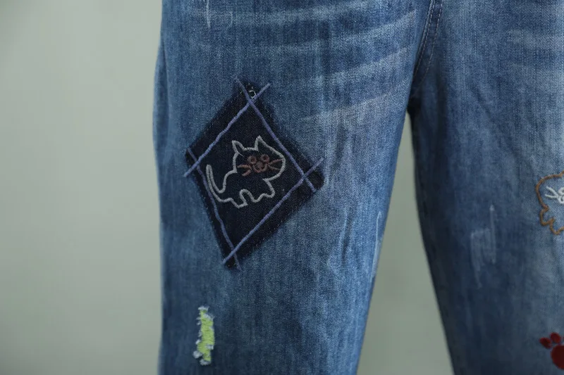 

Cute Cat Embroidery Blue Jeans Elastic Waist Vintage Casual Women Slim Ankle Pants