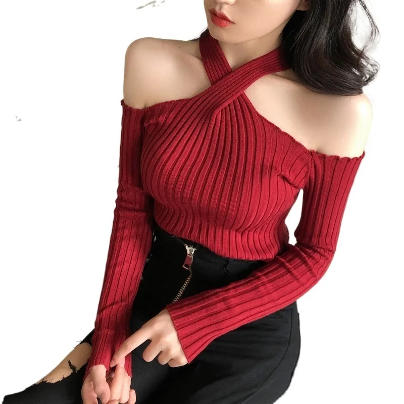 

New Short Sexy Word Leader Crosswear Hanging Neck Bottoming Sweater Women's Autumn Winter Tight Sweater