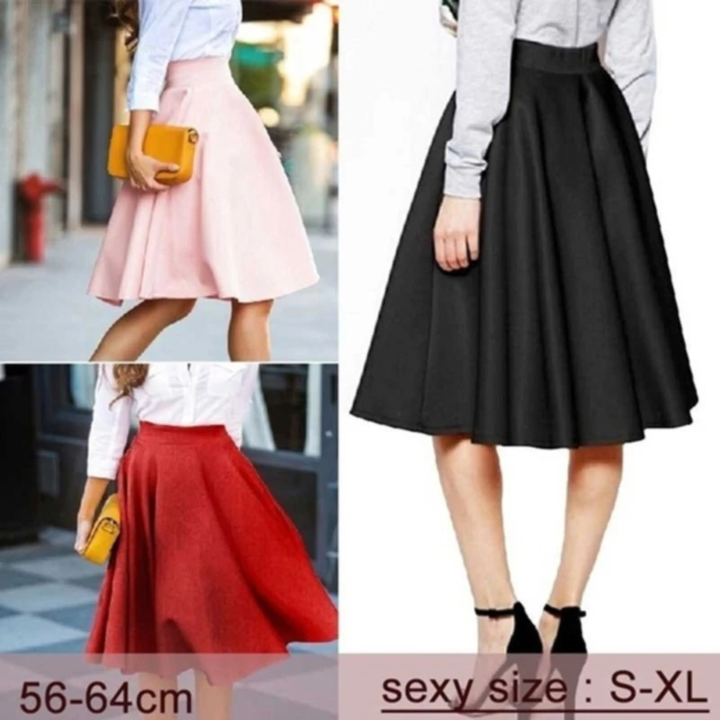 

XL Plus Size Skirt High Waisted Skirts Womens Solid Knee Length Bottoms Pleated Skirt Saia Midi Pink Black Red 2021
