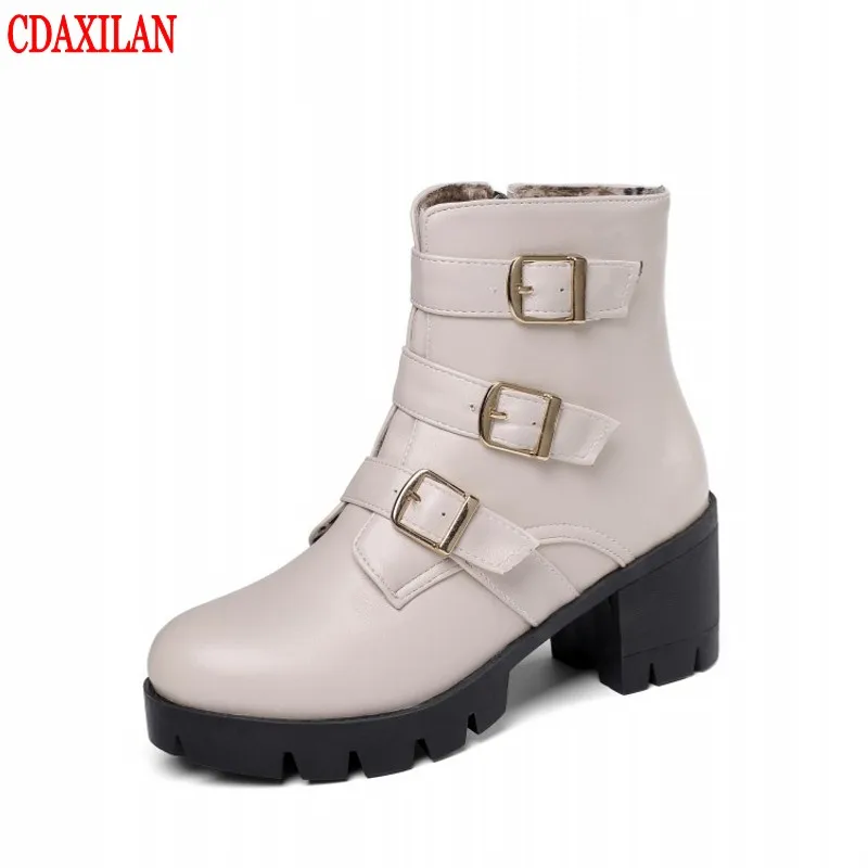 CDAXILAN new to women's boots PU Leather side zipper square heels ankle spring autumn winter ladies mptorcycle | Обувь