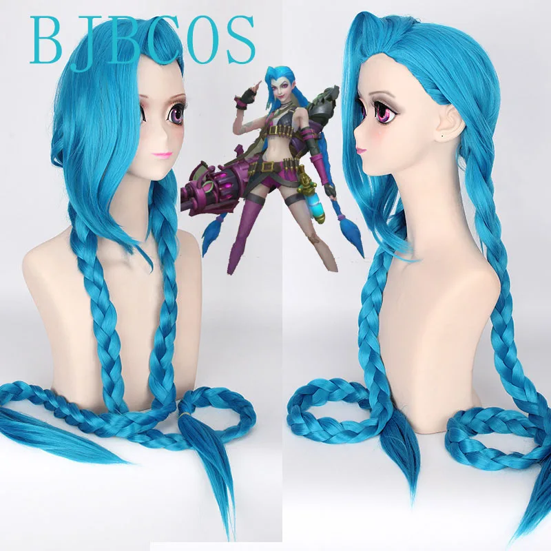 

LOL костюм Джинкс wig 120 см Jinx синие косы Свободный парик Cannon с синими косичками синтетические волосы Jinx + шапочка для парика