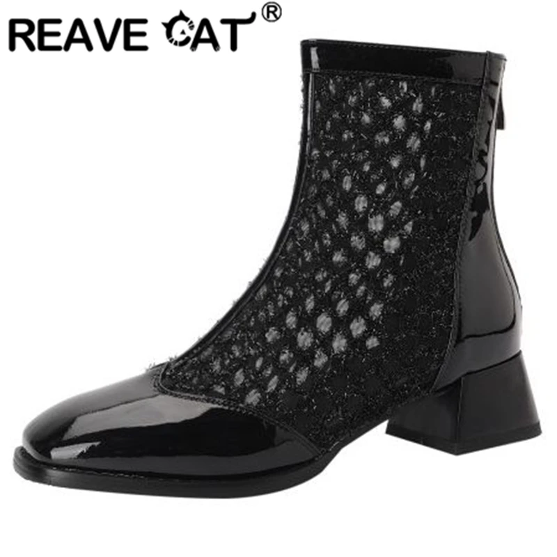 

REAVE CAT Ladies Summer Boots Mid-Calf Square Toe Block Heels Hollow Mesh Splice Zipper Big Size 32-43 Black White Casual S2984
