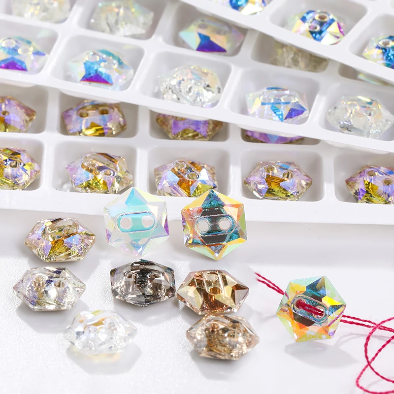 

XiChuan New High Quality 10pcs 10x10mm Hexagon Gem Glass Crystal Button Rhinestone Sew On Rhinestone For Needlework DIY Clothing