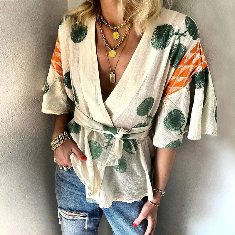 

2021 Hot Sale Women New Linen Cloth V-Neck Short Sleeve Bandage Chiffon Shirt City Casual Fashion Printing Loose Women's Blouse