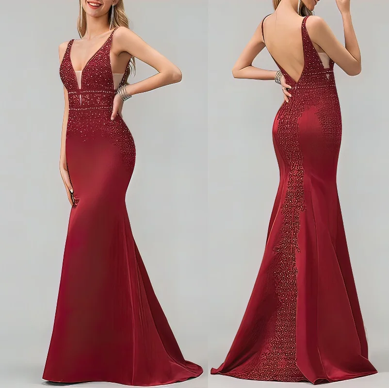 

Women's evening party dress plus size custom made embroidery lace chiffon long formal prom dress mermaid red wedding party dress