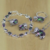 silver 925 jewelry mystic fire rainbow elephant multi color crystal jewelry set women earringpendantnecklaceringbracelet